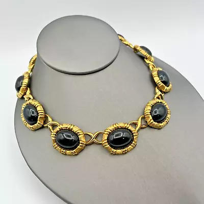 Vintage 80s MONET Necklace Black Lucite Cabochon Statement Runway Necklace 16  • $64.95