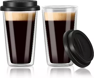 Double Walled Glass Coffee Mugs With Silicone Lids12 OZ 2 Packs Insulated Drink • $51.98