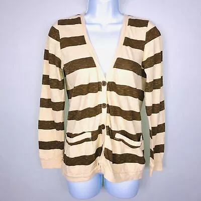 I Love H81 Womens Sweater Sz S Brown Tan Striped Cardigan Casual Cotton MW45 • $17.60