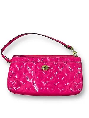 COACH Peyton Signature Embossed Patent Leather Hot Pink Lg Wristlet Clutch Auth  • $37.95