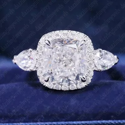 4.6Ctw Cushion Moissanite Halo Three Stone Engagement Ring 14k White Gold Plated • $145.14