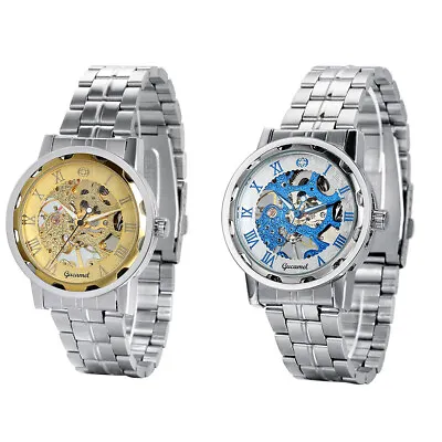 Luxury Mens Skeleton Mechanical Watch Steampunk Stainless Steel Wrist Watches • $20.99