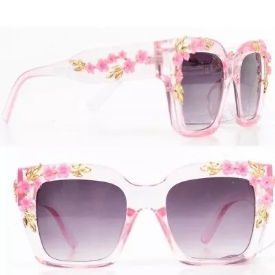 NEW Funky Pink Floral Retro Square Metal Spring Flower Trim Classic Sunglasses • $20