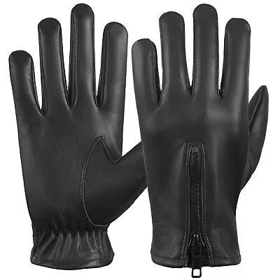 New Classic Black Full Finger Leather Zipper Gloves Motorcycle Biker Riding • $30.15