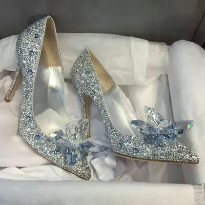 Women Silver Cinderella Wedding Party Diamond Pumps Crystal High Heels Shoes 7CM • £51.83
