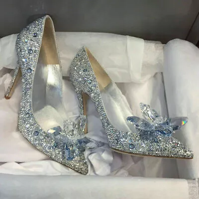 Women Silver Cinderella Wedding Party Diamond Pumps Crystal High Heels Shoes 7CM • $84.69