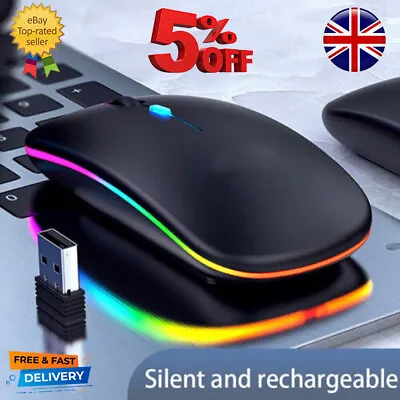 £8.49 • Buy 2.4Ghz Slim Silent Wireless Mouse USB Mice Rechargeable RGB LED Laptop PC/MAC UK