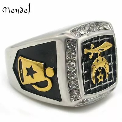 MENDEL Mens Gold Plated CZ Freemason Masonic Shriner Ring Size 7 8 9 10 11 12-15 • $19.99