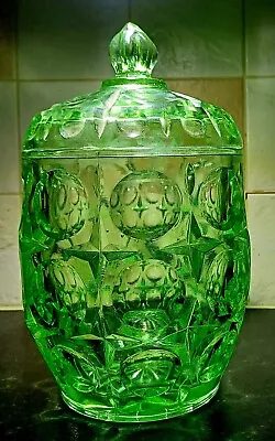 Vintage Uranium Green Depression Glass Cookie Jar RARE Bubble Pattern W/ Lid • £30