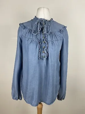 MAEVE Anthropologie Chambray Top Size Small Ruffle Tie Neck Denim Blouse Shirt • £23.40