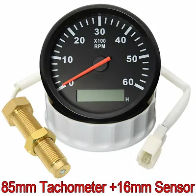 85mm Boat Marine Tachometer Diesel Engine Tacho Gauge 0-6000 RPM W/ 16mm Sensor  • $38.83