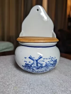 Vtg Teleflora Delft Wall Salt Box Blue White Windmill Ceramic Wood Lid Hanging • $16.80