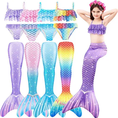 Kids Swimmable Mermaid Tail Set Swimming Costumes Cospaly Bathing Suit Beachwear • £24.99