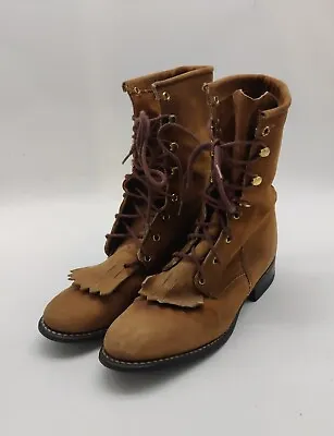 Vintage Acme Women's Brown Leather Suede Kiltie Lace Up Ankle Boots Size 5.5 M • $50