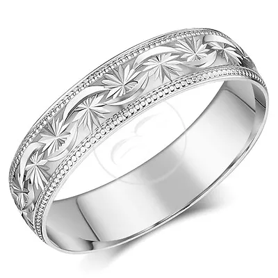 18ct White Gold Wedding Band D Shape Heavy Weight Pattern Engraved UK Hallmarked • £445