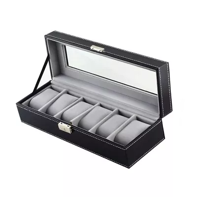 NEW 6 Slot Leather Watch Box Display Case Organizer Glass Jewelry Storage Black • $21