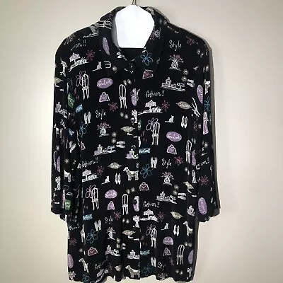 Vikki Vi Shirt 1X Artsy Fashion Print Button Up Long Sleeve *Missing Button* USA • $29.99