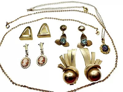 6 Antique Wells 14k Gold Filled Opal Necklace Cameo Paste Dangle & Clip On Deco  • $29.99