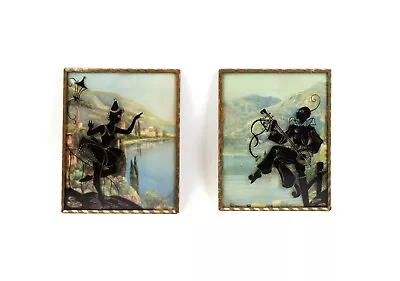 Pair Of Antique 1940's Art Nouveau Harlequin Silhouette Reverse Painted Wall Art • $33.41