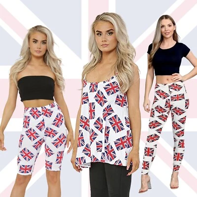 £7.99 • Buy Ladies Union Jack Cami Vest Stretchable Sports Shorts Leggings Kings Coronations