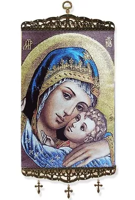 Kissing Madonna Child Christ & Blessed Mother 16  Tapestry Icon Banner W Crosses • $28.85