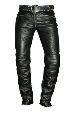 Mens Real Black Leather Pant Breeches Motorbike Biker Pants Jeans Bluf Trouser • $130