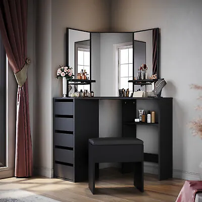 Black Dressing Table Makeup Desk With Mirror 5 Drawers Stool Bedroom Vanity Set  • £107.98