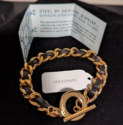 Steel By Design Bracelet Gold Toned With Woven Black Sheepskin Leather • $50