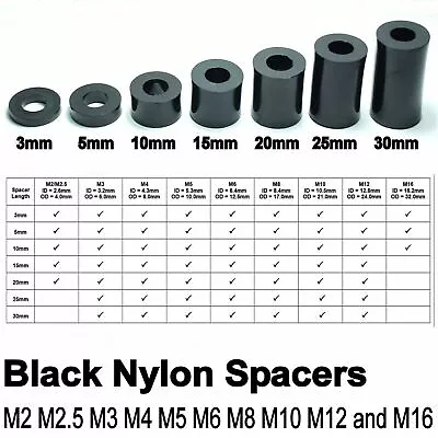 £4.99 • Buy 12 X Black Nylon Plastic SPACERS Standoff Washer M2 M3 M4 M5 M6 M8 M10 M12 M16