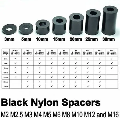 JET Black Nylon Plastic SPACERS Standoff Washer M2 M3 M4 M5 M6 M8 M10 M12 M16 • £1.99