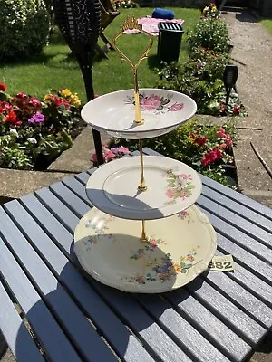 882 Genuine Vintage China 3 Tier Cake Stand Mismatched Plates Weddings Parties • £7.50