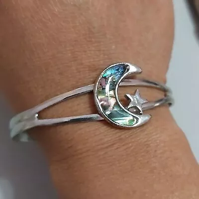 Celestial Abalone Shell Moon And Star Silver Tone Cuff Bracelet • $25