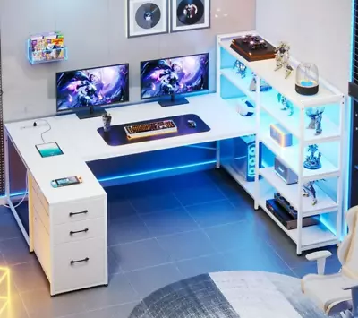 U-Shaped Desk Large Bookcase White Office Gaming Power Outlet LED Lights Shelves • $242.88