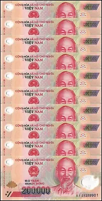 10 X Vietnam 200000 Dong Banknote 2021 P-123l UNC Polymer USA SELLER  COA • $229.99