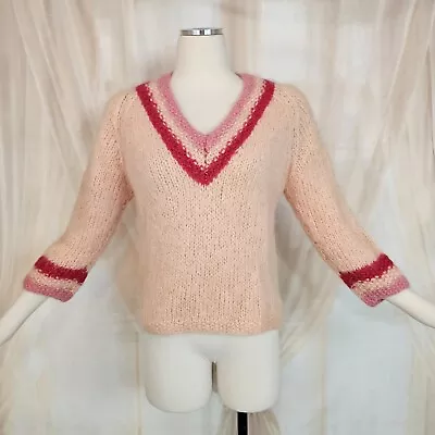 Vintage 1960's Sweater Mohair Wool V-neck Pullover Pink 3/4 Length Sleeve Retro  • $56