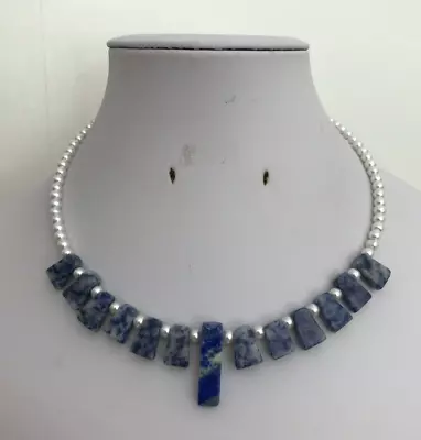 Faux Pearl Sodalite Bead & Central Lapis Lazuli Bar 15  Memory Wire Necklace • £12.50