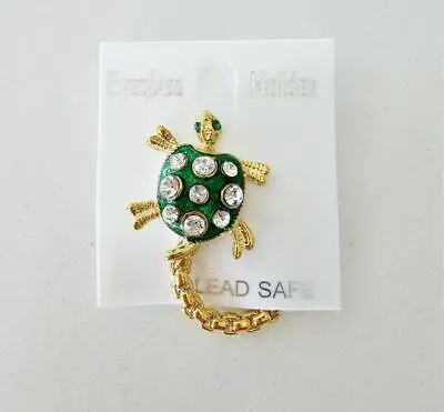 Green Crystal Turtle Magnetic Eyeglass Holder Brooch Pin Gold Plated • $5.99