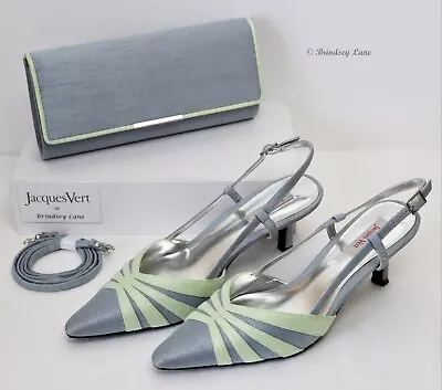 Jacques Vert Lt Grey Shantung Shoes Green Trim UK 5 & Matching Bag Pristine • £54