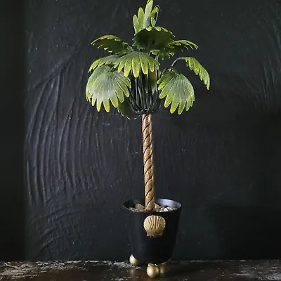 Vintage Tole Metal Palm Tree In Footed Pot W/Shell Accent Hollywood Regency MCM • $262