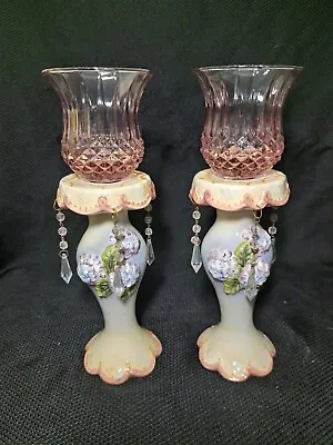 Pair Of Floral Chic Mantle Lusters Pink Glass Candleholders With Prisms • $45