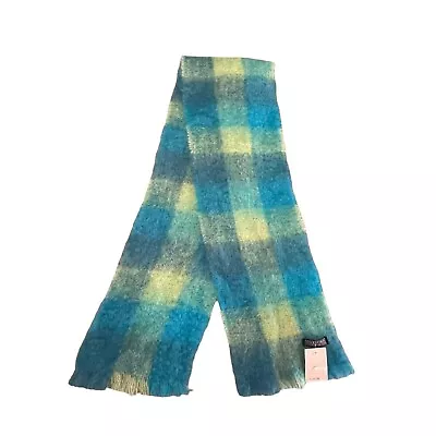 Foxford Mohair Wool Winter Scarf 8x60” Made In Ireland Blue Green Check Fringe • $33.07