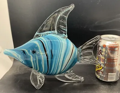 Vtg X-Large Heavy Murano Style Art Glass Fish 10” X 8” Blue Stripe Trigger Fish • $40