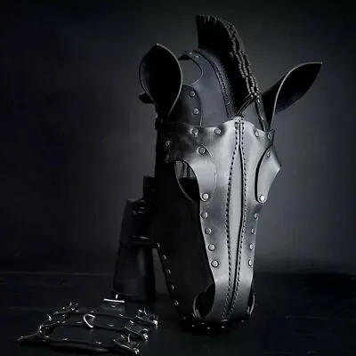 £102 • Buy Black Horse Head Mask Leather Animal Headgear Halloween Cosplay Black Horse Mask