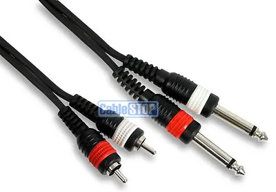 PRO Twin 6.35mm Mono 1/4  Jack To 2x RCA Phono Male Plug Lead 0.5m To 5m Cable • £6.97