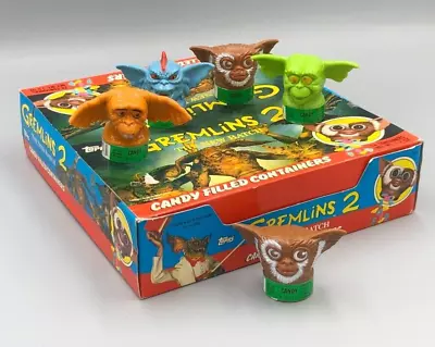 1990 STORE DISPLAY Box TOPPS Gum 5 Full GREMLINS  Vintage CANDY CONTAINER Heads • $134.95