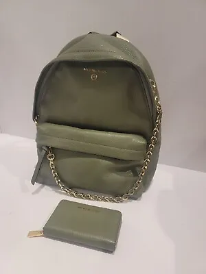 Michael Kors Slater Medium Pebbled Leather Backpack Army Green & Small Wallet • $72