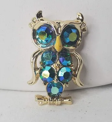 Vintage Owl Brooch Gold Tone Blue Aurora Borealis Stones Figural Pin  • $15.30