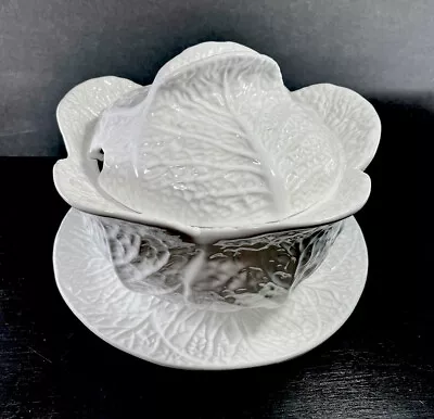 HIMARK Cabbage Leaf White Majolica Soup Tureen Bowl Lid W Under-plate Portugal • $99.99