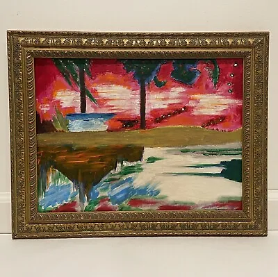 Vintage Oil Painting On Canvas Abstract Village Framed 19.5”x15.5” • $45