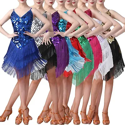 Women Sequins Tassels Dress Ballroom Samba Rumba Tango Latin Dance Dress Costume • £10.66